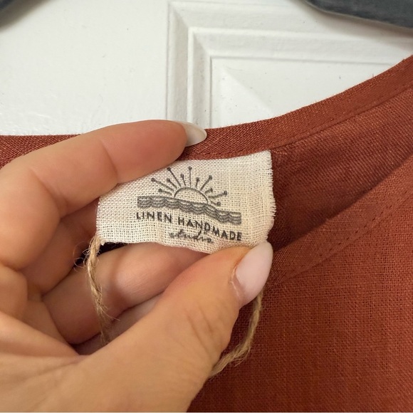 Linen Handmade Studio Tobacco Burnt Orange Cheryl Ruffle Wrap Mini Dress Size 6 - Picture 5 of 13